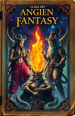 An ancient fantasy book cover featuring a vibrant flame in the center, surrounded by three majestic representations of mythical gods or deities