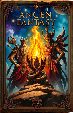 An ancient fantasy book cover featuring a vibrant flame in the center, surrounded by three majestic representations of mythical gods or deities