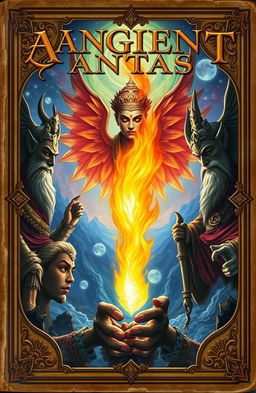 An ancient fantasy book cover featuring a vibrant flame in the center, surrounded by three majestic representations of mythical gods or deities