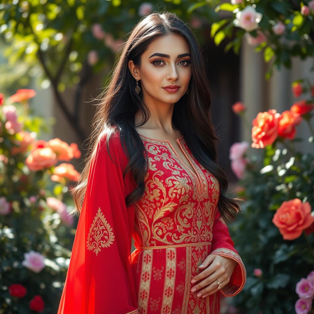 A captivating and elegant Iranian woman standing gracefully in a vibrant traditional Persian garden, surrounded by blooming flowers and lush greenery