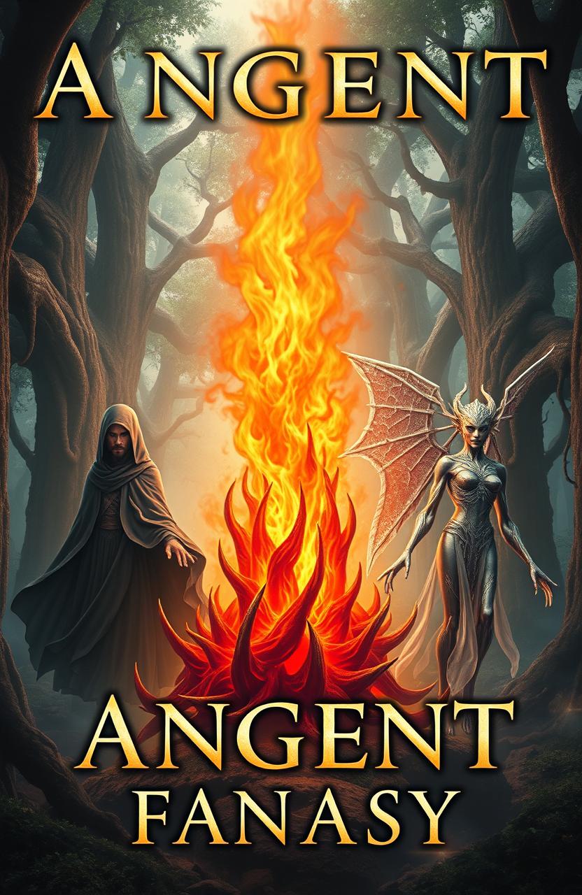An ancient fantasy book cover featuring a central flame, mesmerizing and dynamic, surrounded by three ethereal entities