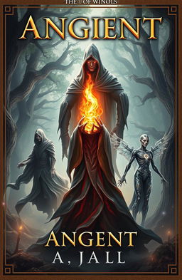 An ancient fantasy book cover featuring a central flame, mesmerizing and dynamic, surrounded by three ethereal entities