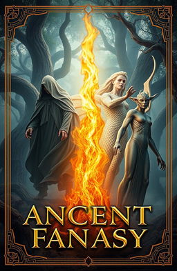 An ancient fantasy book cover featuring a central flame, mesmerizing and dynamic, surrounded by three ethereal entities