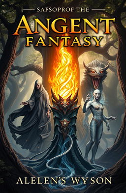 An ancient fantasy book cover featuring a central flame, mesmerizing and dynamic, surrounded by three ethereal entities