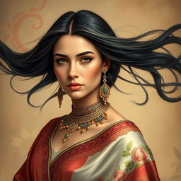A portrait of a strong and graceful Iranian woman, wearing traditional Persian attire that beautifully reflects the rich cultural heritage of Iran