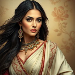 A portrait of a strong and graceful Iranian woman, wearing traditional Persian attire that beautifully reflects the rich cultural heritage of Iran