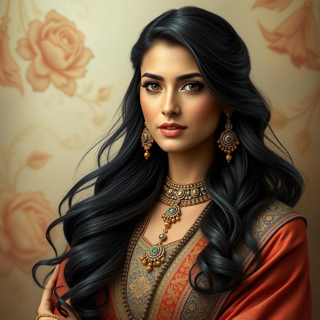 A portrait of a strong and graceful Iranian woman, wearing traditional Persian attire that beautifully reflects the rich cultural heritage of Iran