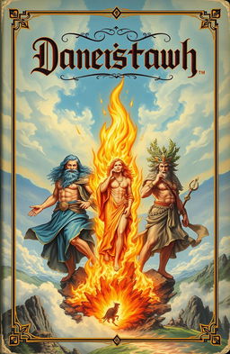 A vintage fantasy book cover featuring an intense flame at the center, symbolizing power and magic