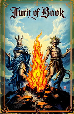A vintage fantasy book cover featuring an intense flame at the center, symbolizing power and magic