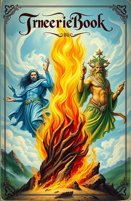 A vintage fantasy book cover featuring an intense flame at the center, symbolizing power and magic