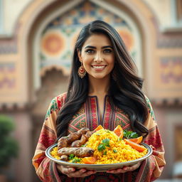 A portrait of a strong and graceful Iranian woman holding a beautifully arranged traditional Persian dish, showcasing the essence of Iranian culture