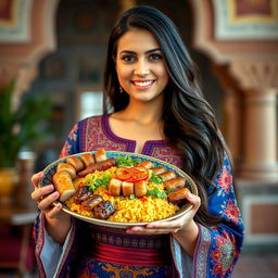 A portrait of a strong and graceful Iranian woman holding a beautifully arranged traditional Persian dish, showcasing the essence of Iranian culture