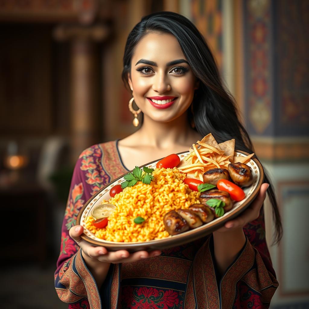 A portrait of a strong and graceful Iranian woman holding a beautifully arranged traditional Persian dish, showcasing the essence of Iranian culture