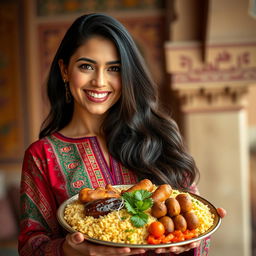 A portrait of a strong and graceful Iranian woman holding a beautifully arranged traditional Persian dish, showcasing the essence of Iranian culture