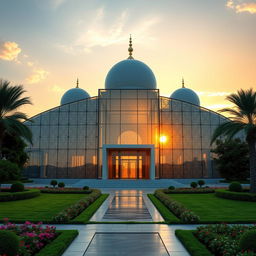 A stunning modern mosque with a sleek glass design, showcasing intricate patterns on the glass surface
