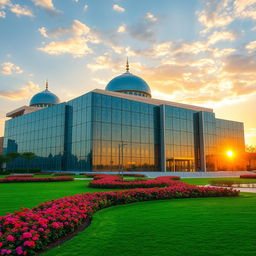 A stunning modern mosque with a sleek glass design, showcasing intricate patterns on the glass surface