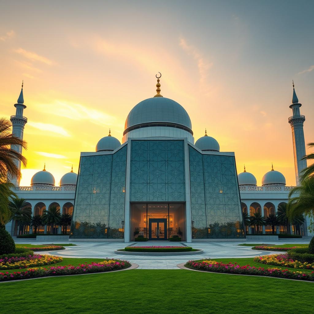 A stunning modern mosque with a sleek glass design, showcasing intricate patterns on the glass surface