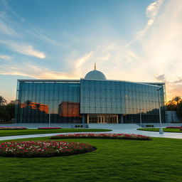 A stunning modern mosque with a sleek glass design, showcasing intricate patterns on the glass surface
