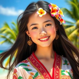 A stunning portrait of a Hainan girl, featuring her traditional attire with intricate patterns and vibrant colors