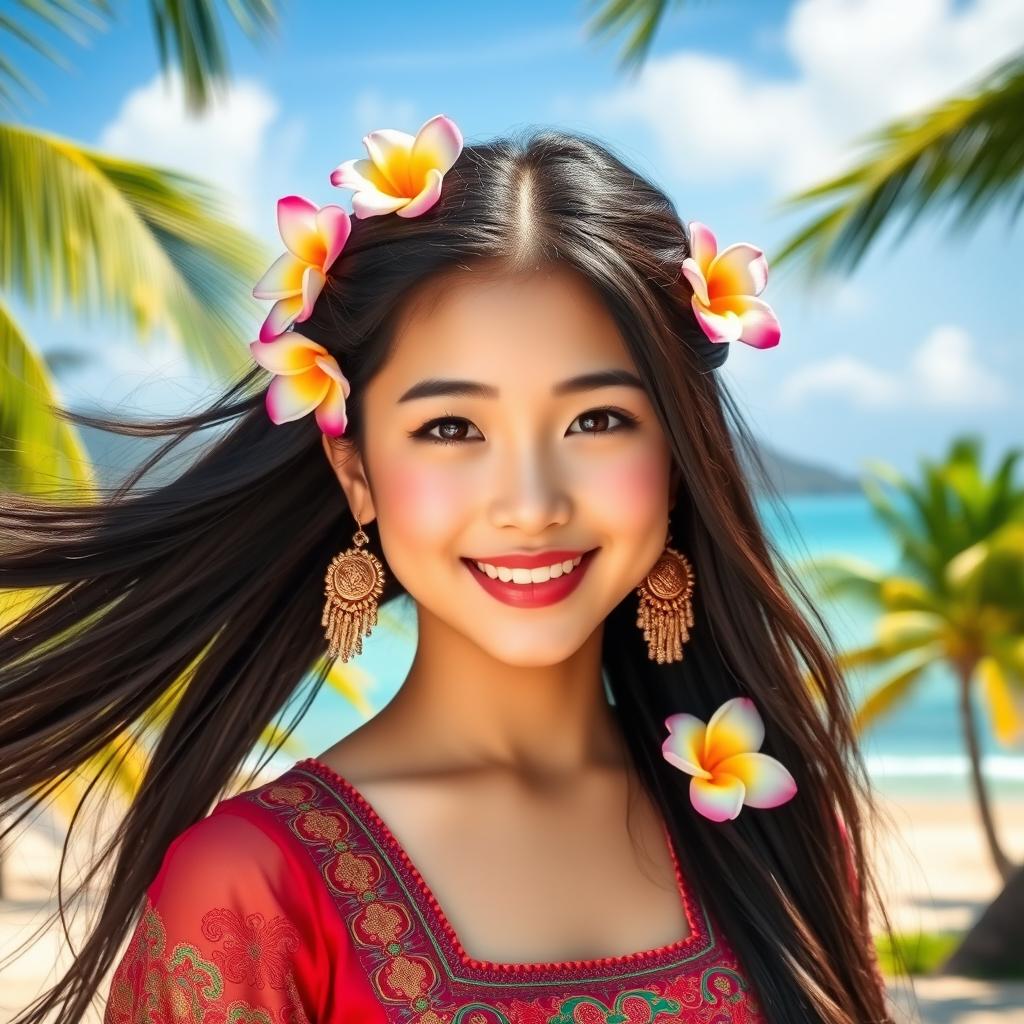 A stunning portrait of a Hainan girl, featuring her traditional attire with intricate patterns and vibrant colors