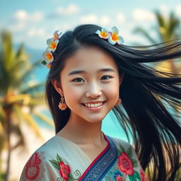 A stunning portrait of a Hainan girl, featuring her traditional attire with intricate patterns and vibrant colors