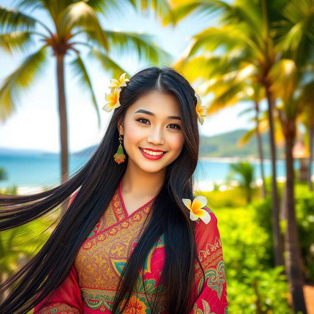 A stunning portrait of a Hainan girl, featuring her traditional attire with intricate patterns and vibrant colors