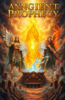 An ancient prophecy book cover featuring a large, mesmerizing flame in the center, surrounded by three majestic gods