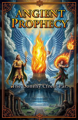 An ancient prophecy book cover featuring a large, mesmerizing flame in the center, surrounded by three majestic gods