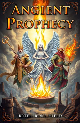 An ancient prophecy book cover featuring a large, mesmerizing flame in the center, surrounded by three majestic gods