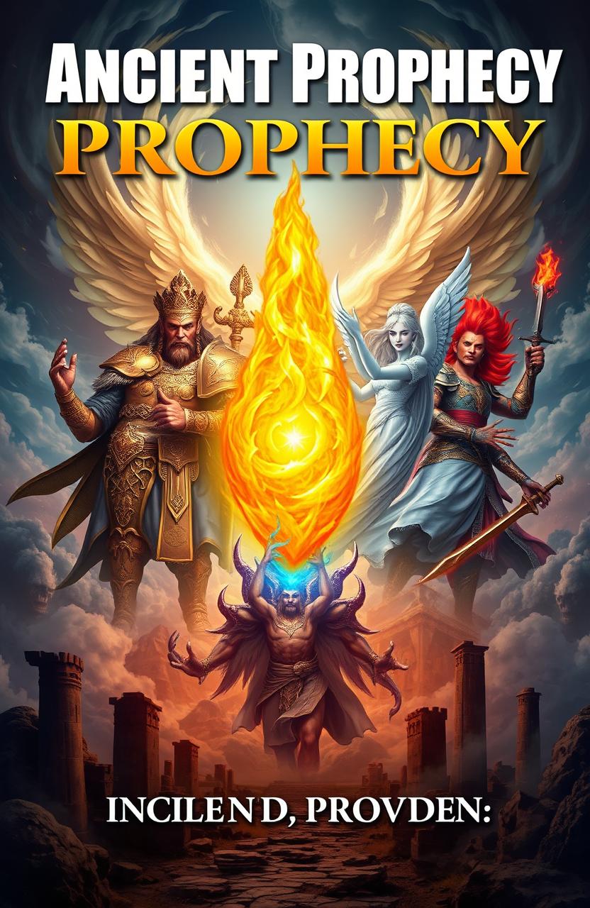 An ancient prophecy book cover featuring a large, mesmerizing flame in the center, surrounded by three majestic gods