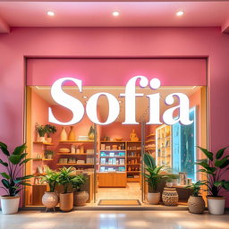 A vibrant and engaging storefront design for 'Sofia Store', featuring a modern aesthetic that reflects consciousness and mindfulness