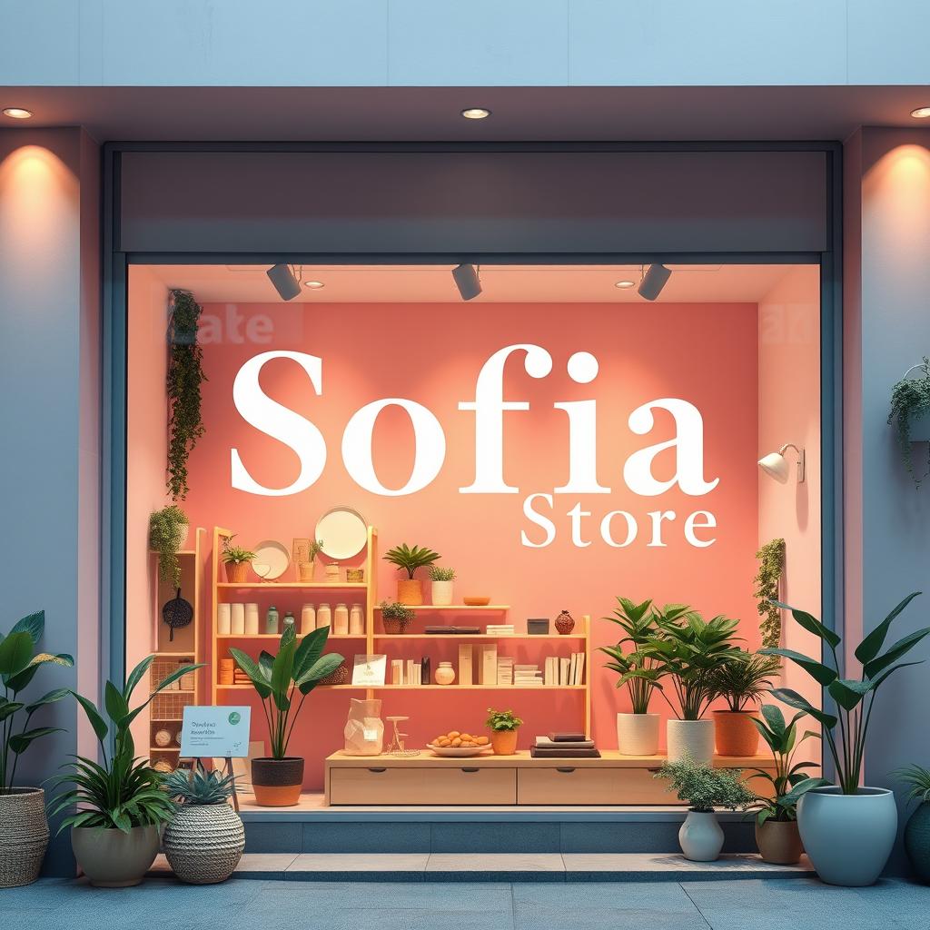 A vibrant and engaging storefront design for 'Sofia Store', featuring a modern aesthetic that reflects consciousness and mindfulness