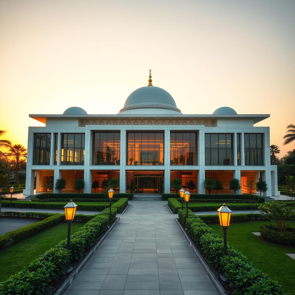 A contemporary mosque featuring two floors, showcasing a harmonious blend of modern architecture and traditional elements