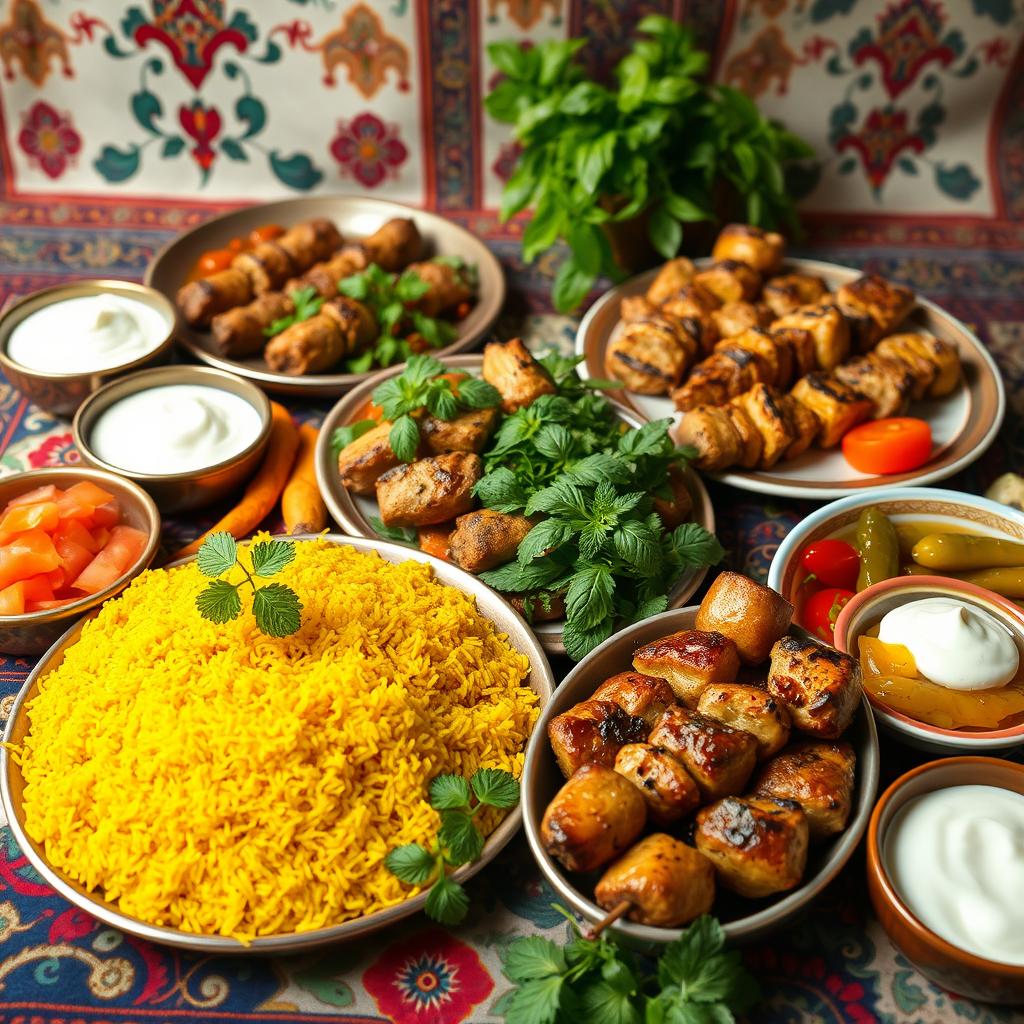 A vibrant and colorful display of traditional Iranian food, featuring an assortment of dishes beautifully arranged on a decorative Persian table