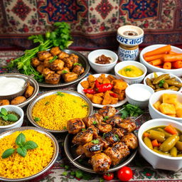 A vibrant and colorful display of traditional Iranian food, featuring an assortment of dishes beautifully arranged on a decorative Persian table