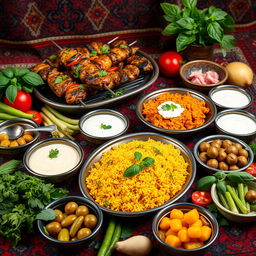 A vibrant and colorful display of traditional Iranian food, featuring an assortment of dishes beautifully arranged on a decorative Persian table