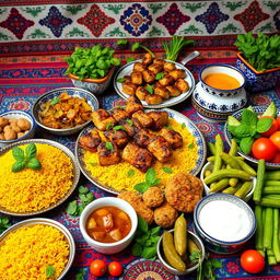 A vibrant and colorful display of traditional Iranian food, featuring an assortment of dishes beautifully arranged on a decorative Persian table