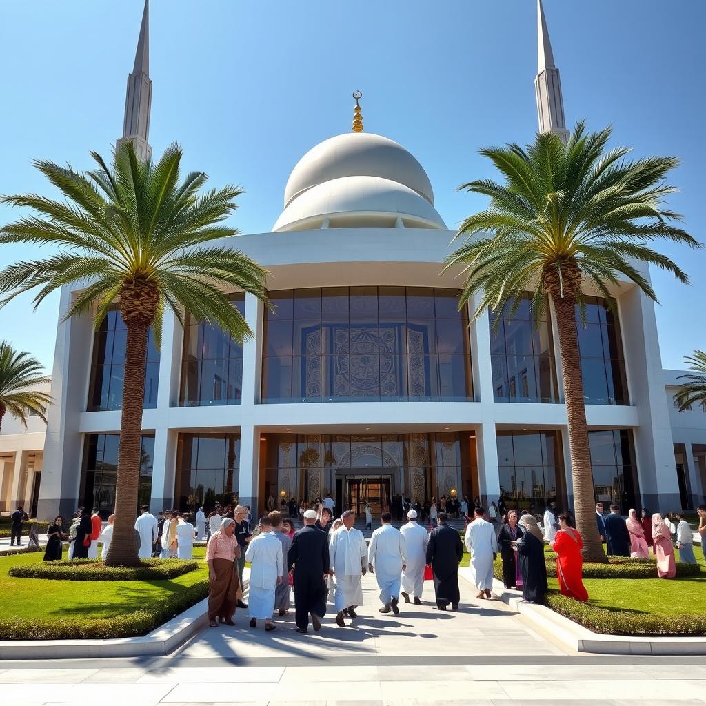 A stunning modern mosque architecture featuring sleek lines and large glass windows, surrounded by beautifully landscaped gardens with palm trees