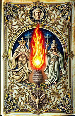 An antique fantasy book cover, intricately adorned with ornate details