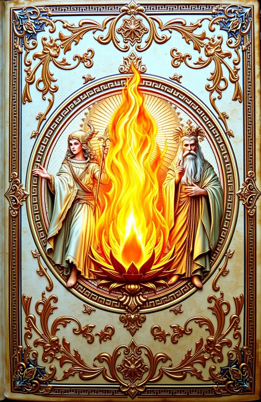 An antique fantasy book cover, intricately adorned with ornate details