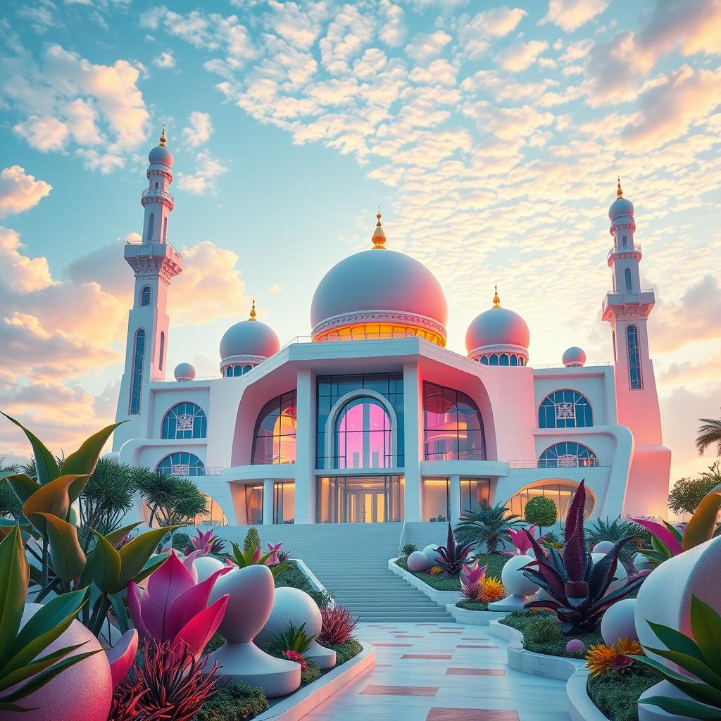 A stunning post-modern interpretation of a mosque, featuring surreal architectural elements and vibrant colors