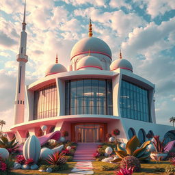 A stunning post-modern interpretation of a mosque, featuring surreal architectural elements and vibrant colors