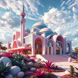 A stunning post-modern interpretation of a mosque, featuring surreal architectural elements and vibrant colors