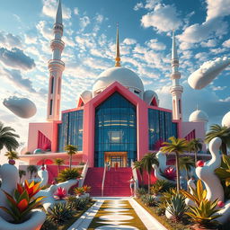A stunning post-modern interpretation of a mosque, featuring surreal architectural elements and vibrant colors