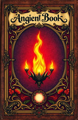 An ancient fantasy book cover, richly ornamented with intricate designs, featuring a vibrant flame in the center