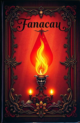 An ancient fantasy book cover, richly ornamented with intricate designs, featuring a vibrant flame in the center