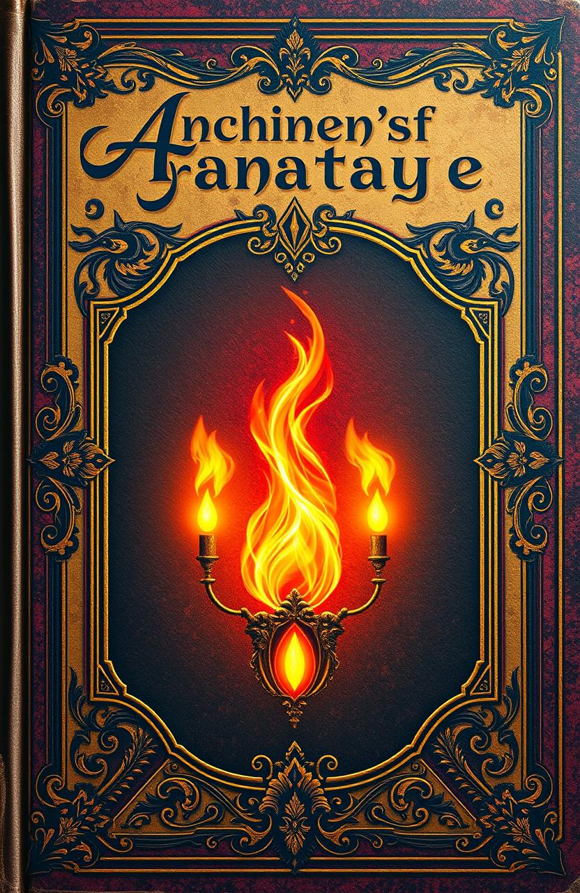 An ancient fantasy book cover, richly ornamented with intricate designs, featuring a vibrant flame in the center