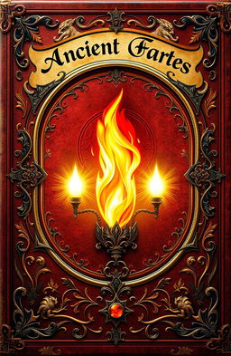 An ancient fantasy book cover, richly ornamented with intricate designs, featuring a vibrant flame in the center