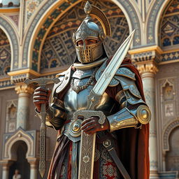 A Mamluk warrior fully dressed in elaborate medieval armor, standing tall with a proud posture