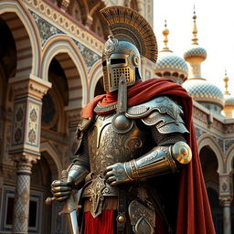 A Mamluk warrior fully dressed in elaborate medieval armor, standing tall with a proud posture